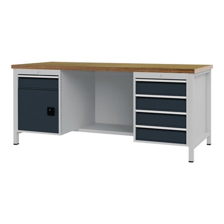 Werkbank grau lichtgrau B2000xH859xT750mm Buche Multiplex 40mm 5 Schubl.1 Tür