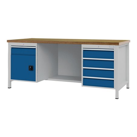 Werkbank signalblau lichtgrau B2000xH859xT750mm Buche Multipl.40mm 5 Schub.1 Tür