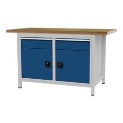 Werkbank signalblau lichtgrau B1500xH859xT750mm Buche Multipl.40mm 2 Schub.2 Tür