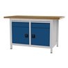 Werkbank signalblau lichtgrau B1500xH859xT750mm Buche Multipl.40mm 2 Schub.2 Tür