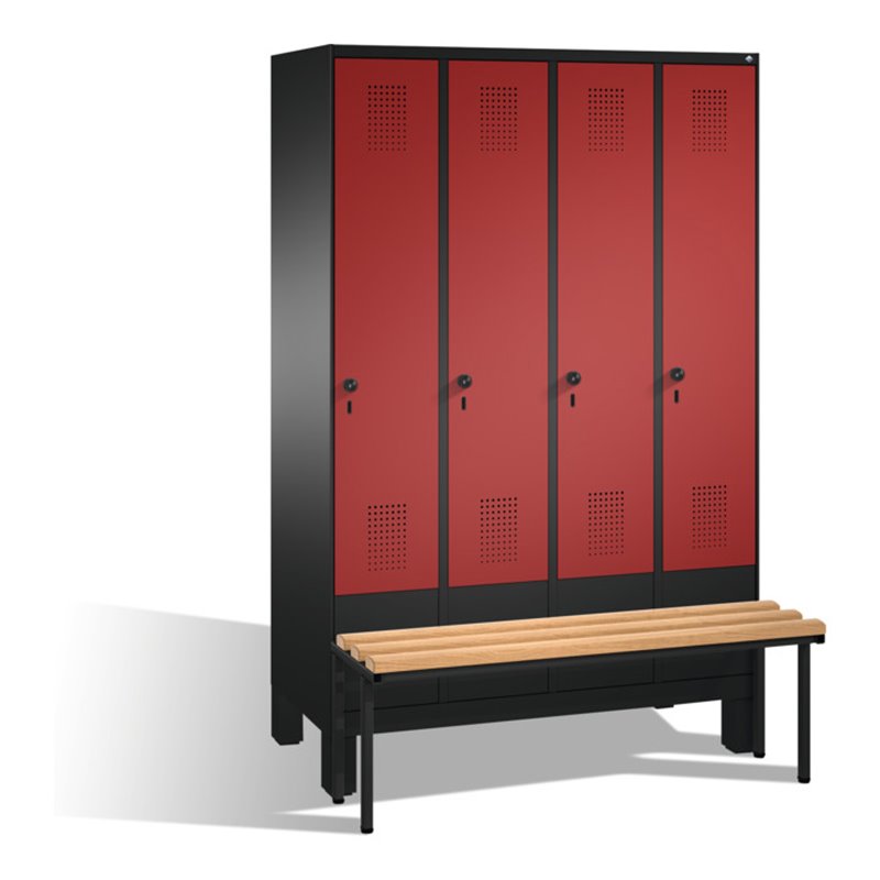 C+P Umkleidespind Evolo mit Sitzbank 4 Abteile Front Rubinrot Korpus Schwarzgrau