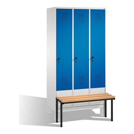 C+P Umkleidespind Evolo mit Sitzbank 3 Abteile Front Enzianblau Korpus Lichtgrau