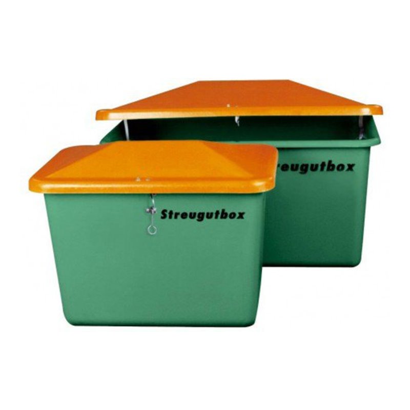 CEMO Streugutbehälter V mit Vandalismusdeckel mit Entnahme grün/orange