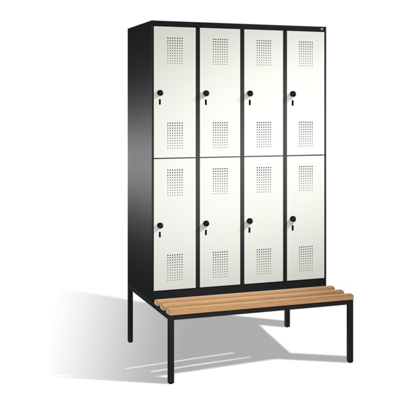 C+P Doppelstockspind Evolo mit Sitzbank 8 Fächer Front Reinweiß Korpus Schwarzgrau