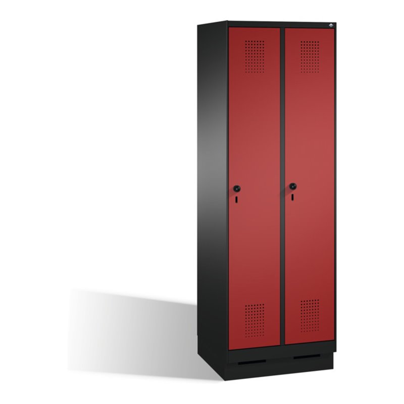 C+P Umkleidespind Evolo auf Sockel 2 Abteile Front Rubinrot Korpus Schwarzgrau