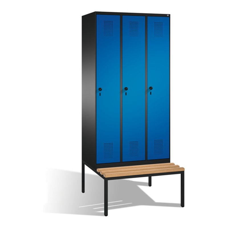 C+P Umkleidespind Evolo mit Sitzbank 3 Abteile Front Enzianblau Korpus Schwarzgrau