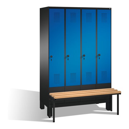 C+P Umkleidespind Evolo mit Sitzbank 4 Abteile Front Enzianblau Korpus Schwarzgrau