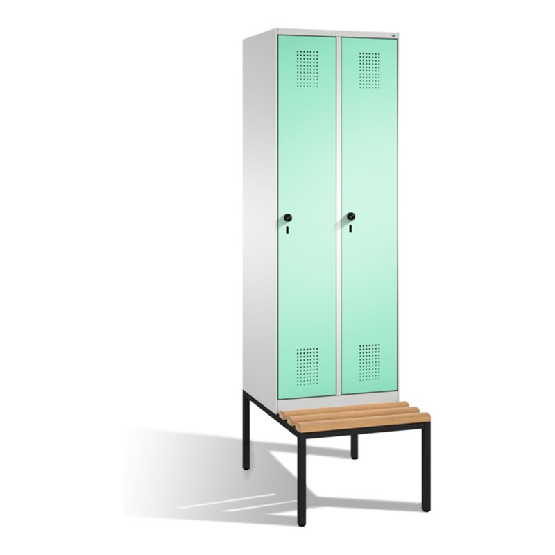 C+P Umkleidespind Evolo mit Sitzbank 2 Abteile Front Lichtgrün Korpus Lichtgrau