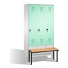 C+P Umkleidespind Evolo mit Sitzbank 3 Abteile Front Lichtgrün Korpus Lichtgrau