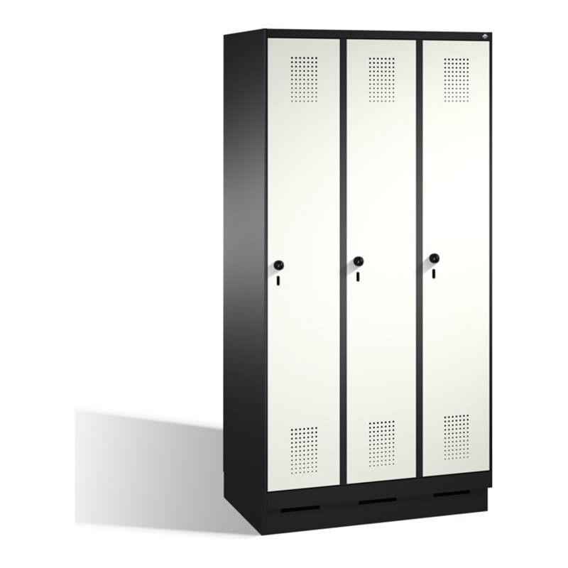 C+P Umkleidespind Evolo auf Sockel 3 Abteile Front Reinweiß Korpus Schwarzgrau
