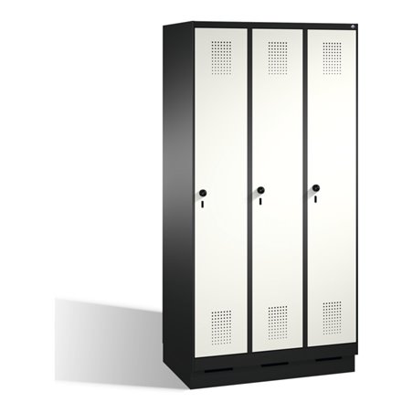 C+P Umkleidespind Evolo auf Sockel 3 Abteile Front Reinweiß Korpus Schwarzgrau