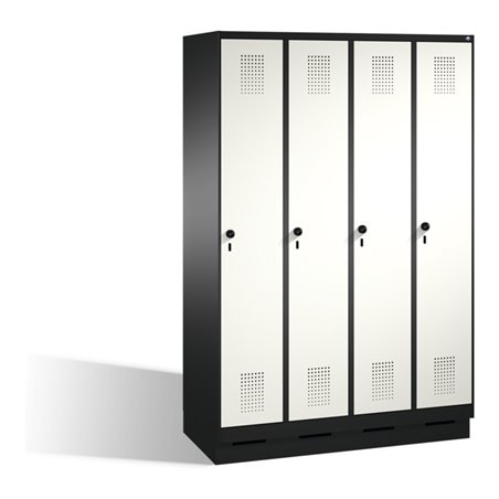 C+P Umkleidespind Evolo auf Sockel 4 Abteile Front Reinweiß Korpus Schwarzgrau