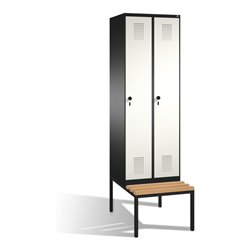 C+P Umkleidespind Evolo mit Sitzbank 2 Abteile Front Reinweiß Korpus Schwarzgrau
