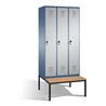 C+P Umkleidespind Evolo mit Sitzbank 3 Abteile Front Reinweiß Korpus Schwarzgrau