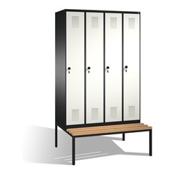 C+P Umkleidespind Evolo mit Sitzbank 4 Abteile Front Reinweiß Korpus Schwarzgrau