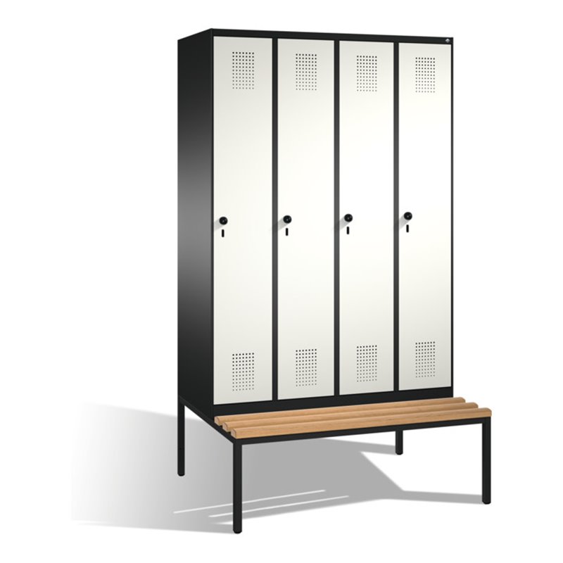 C+P Umkleidespind Evolo mit Sitzbank 4 Abteile Front Reinweiß Korpus Schwarzgrau