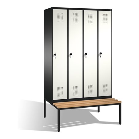 C+P Umkleidespind Evolo mit Sitzbank 4 Abteile Front Reinweiß Korpus Schwarzgrau