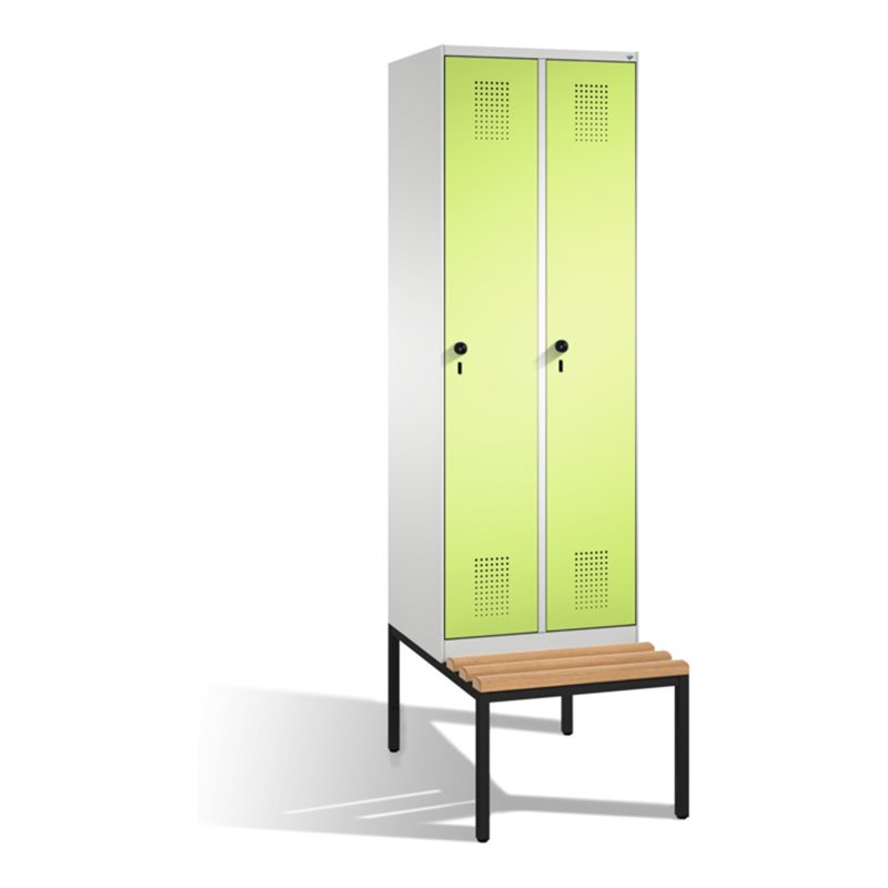 C+P Umkleidespind Evolo mit Sitzbank 2 Abteile Front Viridingrün Korpus Lichtgrau