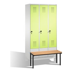 C+P Umkleidespind Evolo mit Sitzbank 3 Abteile Front Viridingrün Korpus Lichtgrau