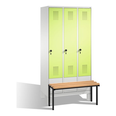 C+P Umkleidespind Evolo mit Sitzbank 3 Abteile Front Viridingrün Korpus Lichtgrau