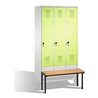 C+P Umkleidespind Evolo mit Sitzbank 3 Abteile Front Viridingrün Korpus Lichtgrau