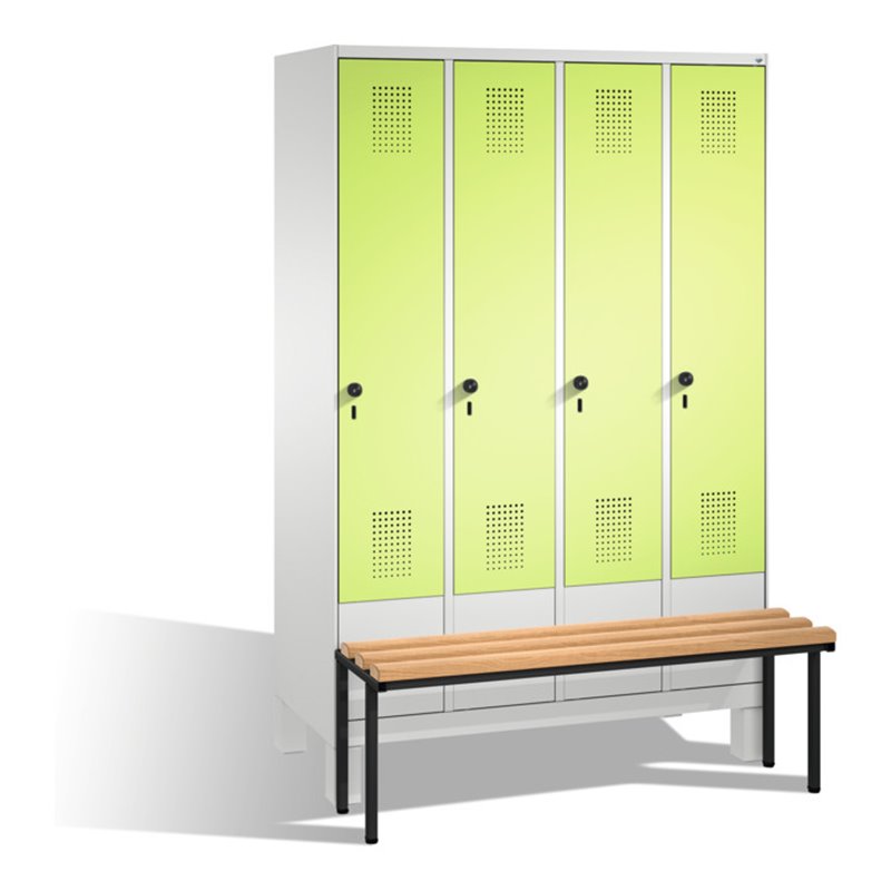 C+P Umkleidespind Evolo mit Sitzbank 4 Abteile Front Viridingrün Korpus Lichtgrau