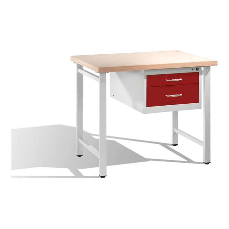 C+P Werkbank mit Multiplexplatte und 1 Schubladenblock 8 HE Front Rubinrot Korpus Lichtgrau
