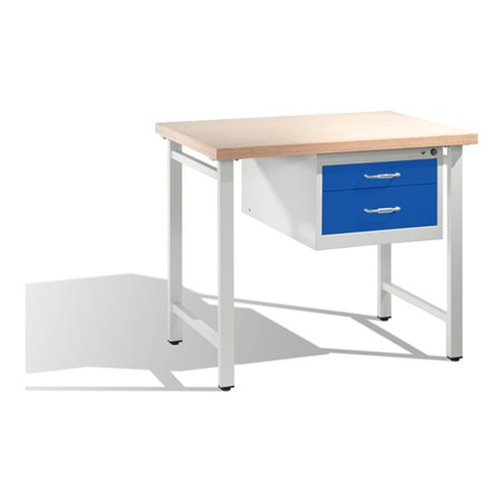C+P Werkbank mit Multiplexplatte und 1 Schubladenblock 8 HE Front Enzianblau Korpus Lichtgrau