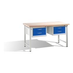 C+P Werkbank mit Multiplexplatte und 2 Schubladenblöcken 8 HE Front Enzianblau Korpus Lichtgrau