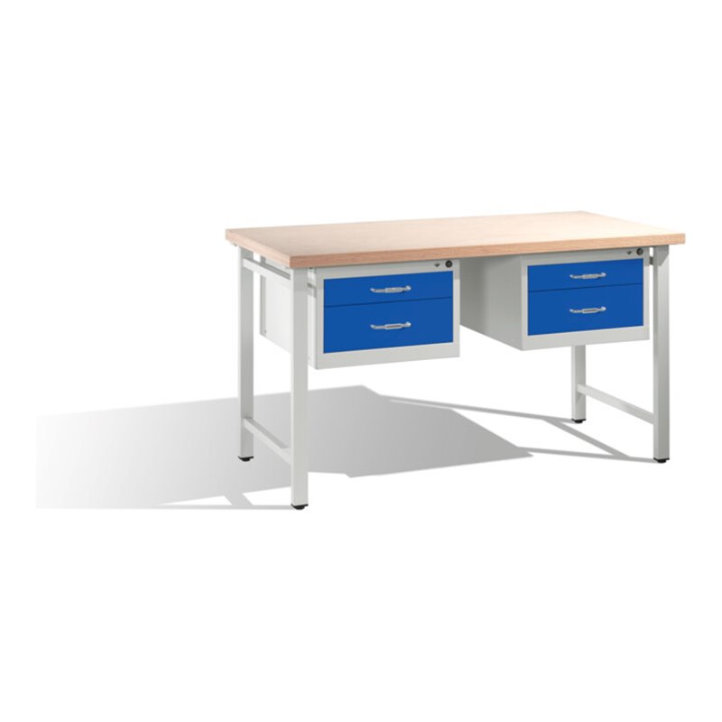 C+P Werkbank mit Multiplexplatte und 2 Schubladenblöcken 8 HE Front Enzianblau Korpus Lichtgrau