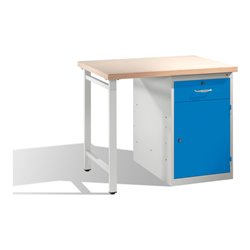 C+P Werkbank mit Multiplexplatte und 1 Standschrank Front Lichtblau Korpus Lichtgrau