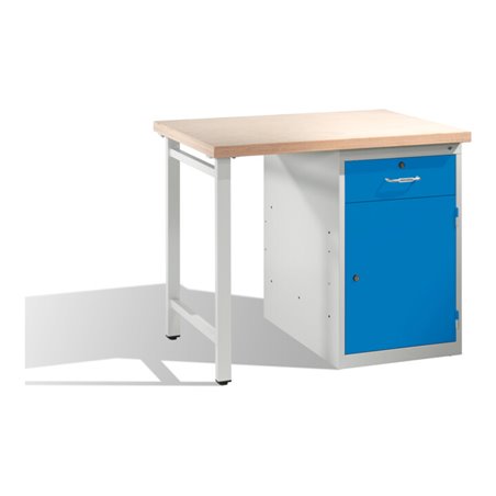 C+P Werkbank mit Multiplexplatte und 1 Standschrank Front Lichtblau Korpus Lichtgrau