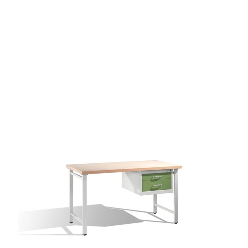 C+P Werkbank mit Multiplexplatte und 1 Schubladenblock 8 HE Front Resedagrün Korpus Lichtgrau