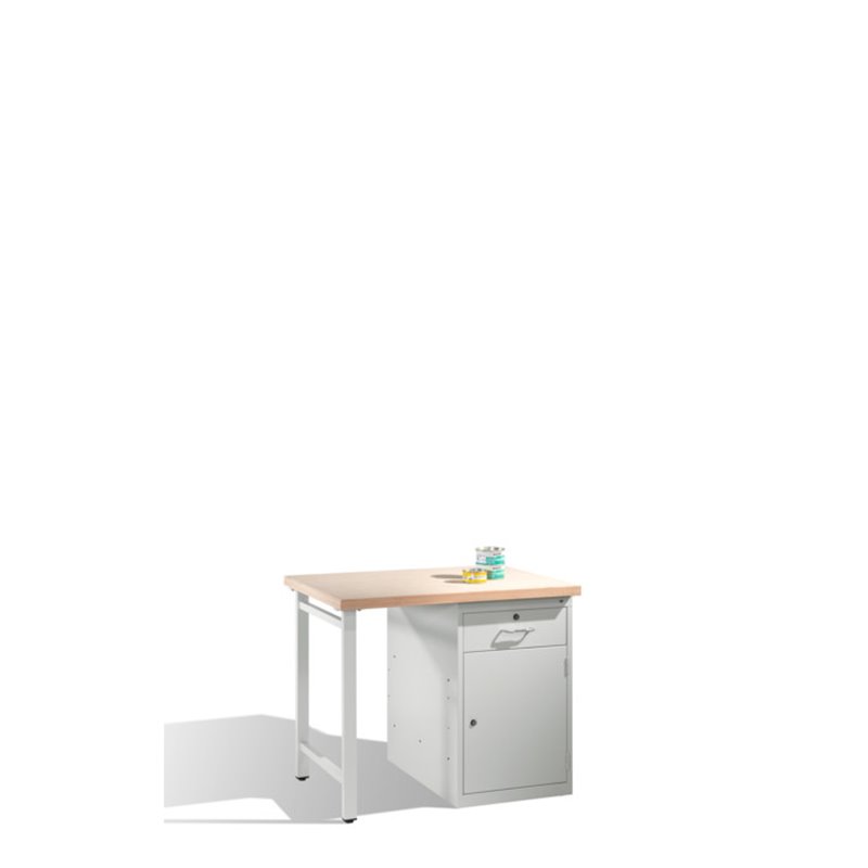 C+P Werkbank mit Multiplexplatte und 1 Standschrank Front Lichtgrau Korpus Lichtgrau