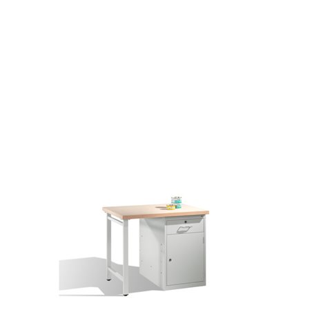 C+P Werkbank mit Multiplexplatte und 1 Standschrank Front Lichtgrau Korpus Lichtgrau