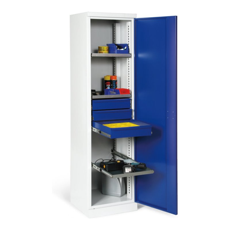 Taurotrade Materialschrank Korpus RAL7035 Tür RAL5010 3 Böden 3 Schubladen