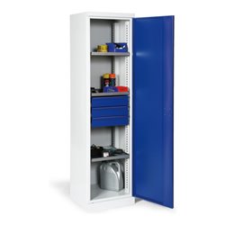 Taurotrade Materialschrank Korpus RAL7035 Tür RAL5010 3 Böden 3 Schubladen