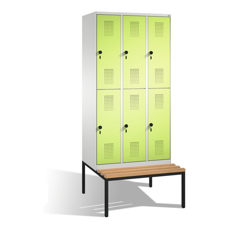 C+P Doppelstockspind Evolo mit Sitzbank 6 Fächer Front Viridingrün Korpus Lichtgrau