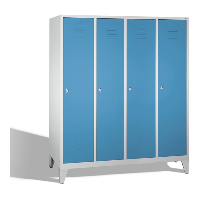 C+P Umkleidespind Classic auf Füßen 4 Abteile Front Lichtblau Korpus Lichtgrau