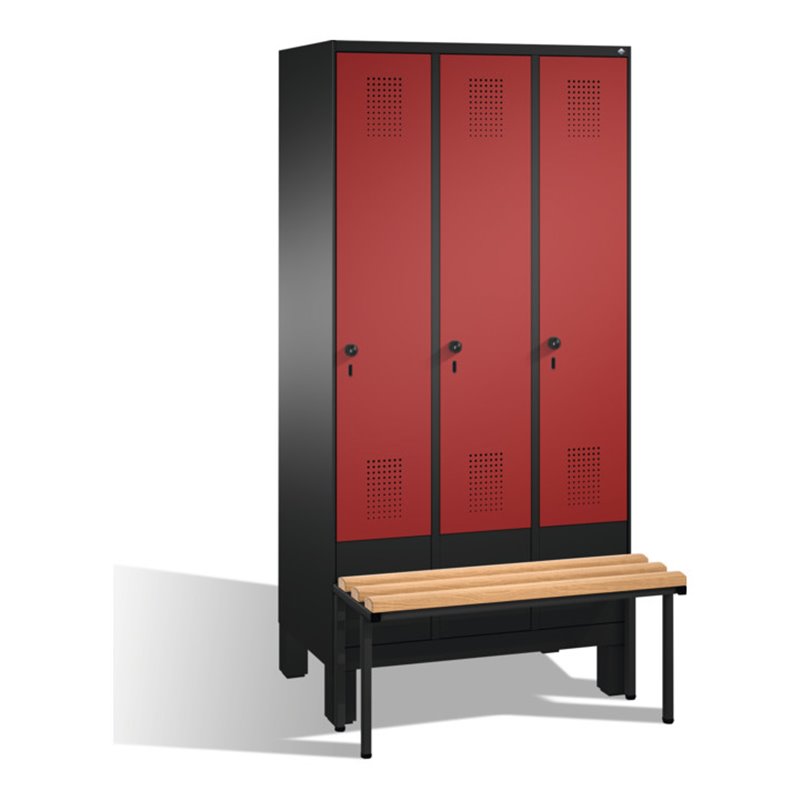 C+P Umkleidespind Evolo mit Sitzbank 3 Abteile Front Rubinrot Korpus Schwarzgrau