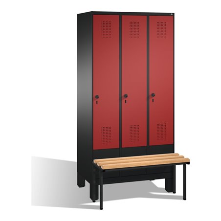 C+P Umkleidespind Evolo mit Sitzbank 3 Abteile Front Rubinrot Korpus Schwarzgrau