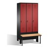 C+P Umkleidespind Evolo mit Sitzbank 3 Abteile Front Rubinrot Korpus Schwarzgrau