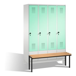 C+P Umkleidespind Evolo mit Sitzbank 4 Abteile Front Lichtgrün Korpus Lichtgrau