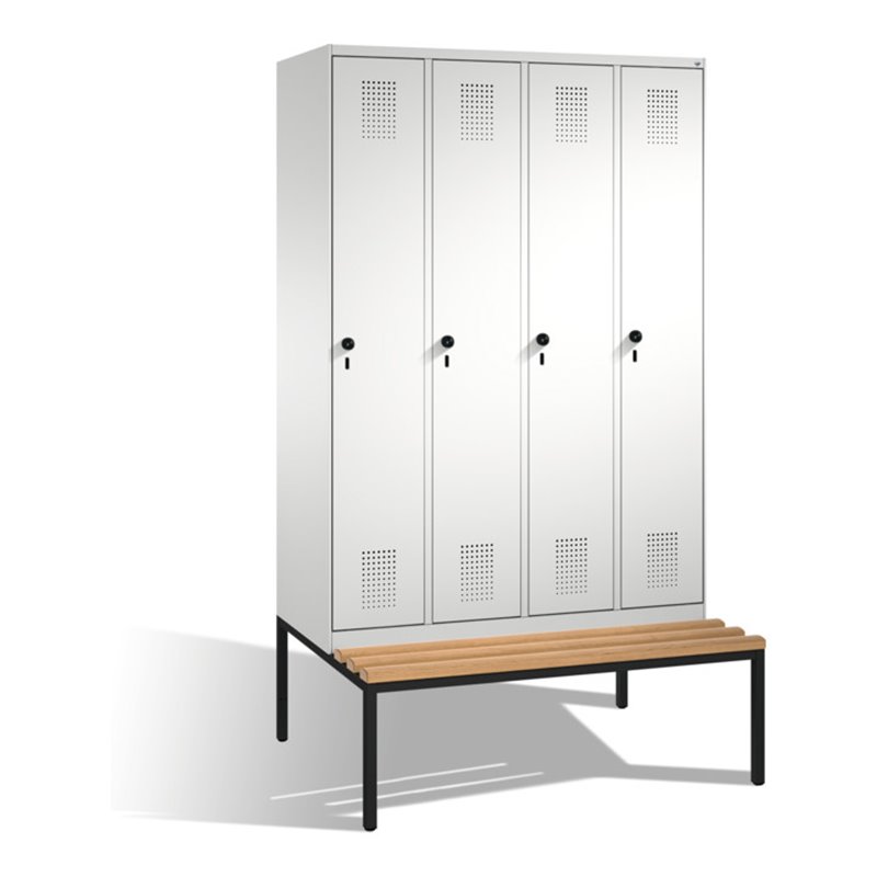 C+P Umkleidespind Evolo mit Sitzbank 4 Abteile Front Lichtgrau Korpus Lichtgrau