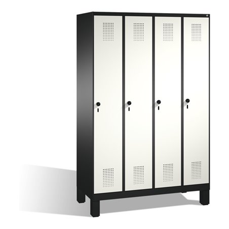 C+P Umkleidespind Evolo auf Füßen 4 Abteile Front Reinweiß Korpus Schwarzgrau