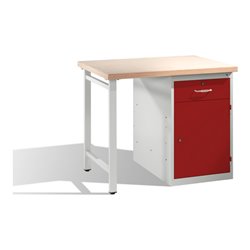 C+P Werkbank mit Multiplexplatte und 1 Standschrank Front Rubinrot Korpus Lichtgrau