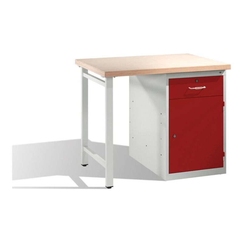 C+P Werkbank mit Multiplexplatte und 1 Standschrank Front Rubinrot Korpus Lichtgrau