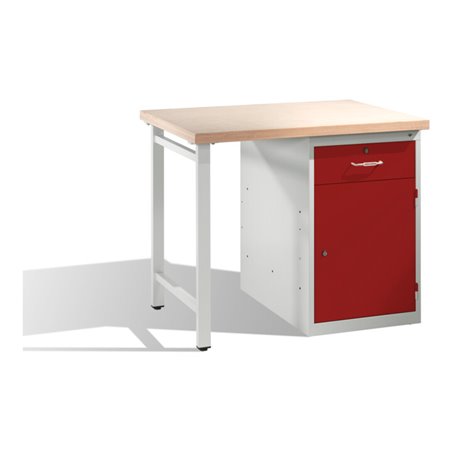 C+P Werkbank mit Multiplexplatte und 1 Standschrank Front Rubinrot Korpus Lichtgrau
