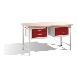 C+P Werkbank mit Multiplexplatte und 2 Schubladenblöcken 8 HE Front Rubinrot Korpus Lichtgrau