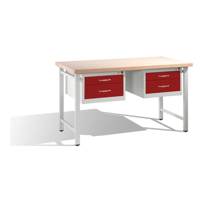 C+P Werkbank mit Multiplexplatte und 2 Schubladenblöcken 8 HE Front Rubinrot Korpus Lichtgrau